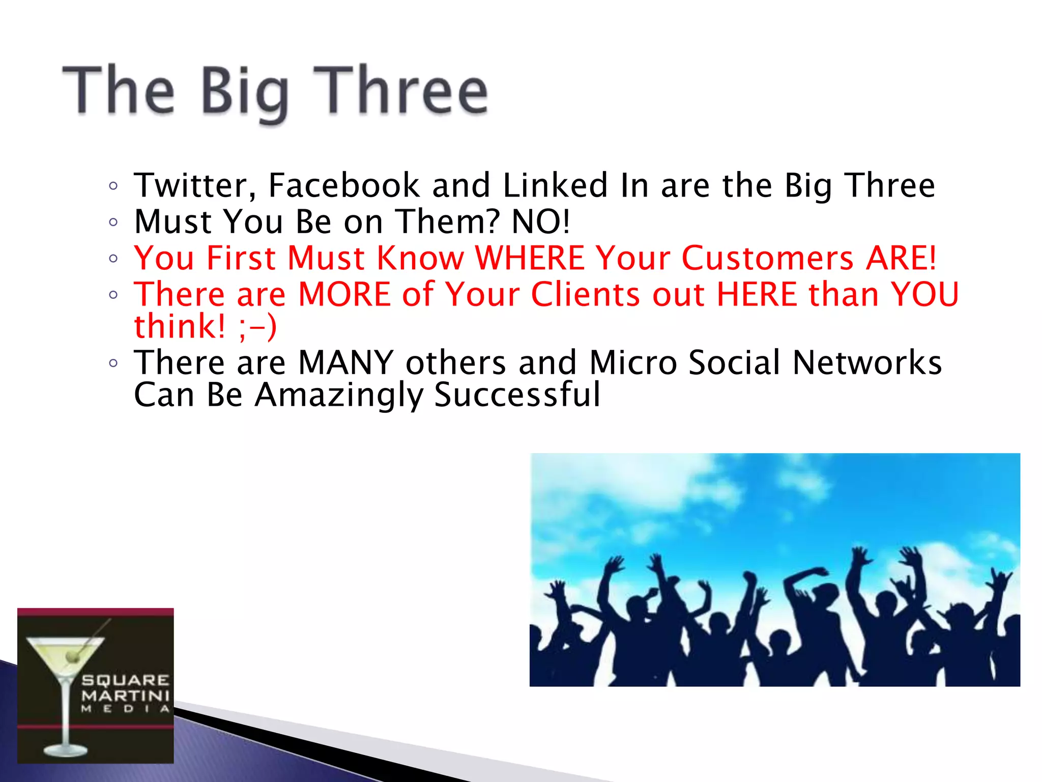 Listening:  What’s everybody saying about you?The important first tactical step. Are you listening to the marketplace and hearing what your customers are saying about you & your competition? Google AlertsRSS Feeds (igoogle & yahoo pages)Search.Twitter.com, Twitter SearchMonitter.com, Social Mention.com, PeoplebrowsrTechnorati, Google Blog SearchPaid Listening Tools (eforce)