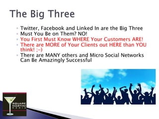 Listening:  What’s everybody saying about you?The important first tactical step. Are you listening to the marketplace and hearing what your customers are saying about you & your competition? Google AlertsRSS Feeds (igoogle & yahoo pages)Search.Twitter.com, Twitter SearchMonitter.com, Social Mention.com, PeoplebrowsrTechnorati, Google Blog SearchPaid Listening Tools (eforce)
