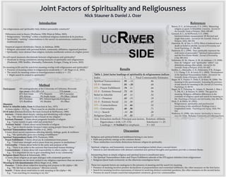Introduction                                                                                                                                                          References
                                                                                                                                                                                       Batson, D. C., & Schoenrade, P. A. (1991). Measuring
Are religiousness and spirituality truly distinct personality constructs?                                                                                                                 religion as quest: 2) Reliability concerns. Journal for
                                                                                                                                                                                          the Scientific Study of Religion, 30(4), 430-447.
  Differences exist in theory (Wuthnow, 1998; Wink & Dillon, 2003).                                                                                                                    Gorsuch, R. L., & McPherson, S. E. (1989).



                                                                                                          UC                            IVER
  • Religiousness: “dwelling” within a traditional religious institution & its practices                                                                                                  Intrinsic/extrinsic measurement: I/E Revised and
  • Spirituality: “seeking” connectedness to the sacred via autonomous, sometimes non-                                                 UNIVERSITY OF                                      single-item scales. Journal for the Scientific Study of
    traditional means.                                                                                                                                                                    Religion, 28(3), 348-354.
                                                                                                                                         CALIFORNIA                                    Osarchuk, M., & Tatz, S. (1973). Effect of induced fear of
                                                                                                                                                                                          death on belief in afterlife. Journal of Personality and
  Empirical support (Schlehofer, Omoto, & Adelman, 2008):
                                                                                                                                                                                          Social Psychology, 27, 256-260.
  • Religion: associated with personal beliefs, community affiliation, organized practices


                                                                                                                                        SIDE
                                                                                                                                                                                       Piedmont, R. L. (1999). Does spirituality represent the
  • Spirituality: more abstract than religion; includes nontheistic notions of a higher power                                                                                             sixth factor of personality? Spiritual transcendence
                                                                                                                                                                                          and the Five-Factor Model. Journal of Personality,
Do self-report measures discriminate between religiousness and spirituality?                                                                                                              67(6), 985-1013.
 • Moderate to strong correlations among measures of spirituality and religiousness                                                                                                    Schlehofer, M. M., Omoto, A. M., & Adelman, J. R. (2008).
    (Piedmont, 1999; Seidlitz, Abernathy, Duberstein, Evinger, Chang, & Lewis, 2002)                                                                                                      How do “religion” and “spirituality” differ? Lay
                                                                                                                                                                                          definitions among older adults. Journal for the
Do meaning in life and the search for meaning overlap with religiousness and spirituality?                                                                                                Scientific Study of Religion, 47(3), 411-425.
 • Presence of meaning relates to religiousness moderately (r = .42; Steger et al., 2010).                                     Results                                                 Seidlitz, L., Abernathy, A. D., Duberstein, P. R., Evinger,
 • The search for meaning relates to nonreligiousness weakly (r = -.17).                                                                                                                  J. S., Chang, T. H., & Lewis, B. L. (2002). Development
   • Might search be related to spirituality?                                                      Table 1. Joint factor loadings of spirituality & religiousness indices                 of the Spiritual Transcendence Index. Journal for the
                                                                                                   Index                         ℓ1   ℓ2   Final Communality Estimates                    Scientific Study of Religion, 41(3), 439-453.
                                                                                                                                                                                       Steger, M. F., Frazier, P., Oishi, S., & Kaler, M. (2006). The
                                                                                                   Spiritual Transcendence .95 -.12                      .86                              meaning in life questionnaire: Assessing the presence
                                       Method                                                      I/E-R – Intrinsic            .85 -.30                 .68                              of and search for meaning in life. Journal of Counseling
                                                                                                                                                                                          Psychology, 53, 80–93.
Participants:    149 undergraduates at the University of California, Riverside                     STS - Prayer Fulfillment .78 .11                      .66                           Steger, M. F., Pickering, N., Adams, E., Burnett, J., Shin, J.
                 Age: mean = 19.3, SD = 1.8                71% female         _                    I/E-R - Extrinsic Personal .72 .08                    .56                              Y., Dik, B. J., & Stauner, N. (2010). The quest for
                 42% East Asian       17% Hispanic         14% Caucasian                                                                                                                  meaning: Religious affiliation differences in the
                                                                                                   Belief in Afterlife          .67 .15                  .52
                 10% African           9% South Asian       9% Other / Mixed                                                                                                              correlates of religious quest and search for meaning in
                 50% Christian        28% Atheist/Agnostic/Irreligious                             MLQ – Presence               .43 -.01                 .18                              life. Psychology of Religion and Spirituality, 2(4), 206-226.
                 12% Buddhist          6% Muslim            4% Other                               I/E-R - Extrinsic Social     .24 .08                  .07                           Wink, P., & Dillon, M. (2003).
Measures:                                                                                                                                                                                 Religiousness, spirituality, and psychosocial
                                                                                                   STS – Connectedness          .16 .66                  .52                              functioning in late adulthood: Findings from a
Belief in Afterlife index, Form A (Osarchuk & Tatz, 1973)
   10 items (alpha = .91) E.g., “There must be an afterlife of some sort.”                         STS – Universality           .48 .58                  .71                              longitudinal study. Psychology and Aging, 18(4), 916-
I/E-R index (Intrinsic/Extrinsic-Revised; Gorsuch & McPherson, 1989)                                                                                                                      924.
                                                                                                   MLQ – Search                -.10 .55                  .28                           Wuthnow, R. (1998). After heaven: Spirituality in America
   Intrinsic – 8 items about deeply valuing and identifying with religion
      E.g., “My whole approach to life is based on my religion.”
                                                                                                   Religious Quest              .00 .52                  .27                              since the 1950s. Berkeley: University of California Press.
   Extrinsic Personal – 3 items about pragmatic benefits of religion                               Note. Extraction method: Principal axis factors. Rotation: oblimin.
      E.g., “I pray mainly to gain relief and protection.”                                               Eigenvalues = 4.04, 1.27, 0.52.             Interfactor r = .25.
    Extrinsic Social – 3 items about social benefits of religion                                         Loadings > .30 bolded for emphasis.         N = 143
      E.g., “I go to church mainly because I enjoy seeing people I know there.”
Spiritual Transcendence Index (Seidlitz et al., 2002)
   8 items about sacred experiences affecting identity, feelings, goals, & resilience                                              Discussion
      E.g., “My spirituality gives me a feeling of fulfillment.”
Spiritual Transcendence Scale (STS; Piedmont, 1999)                                             Religious and spiritual beliefs and fulfillment belong to one factor.
   Prayer Fulfillment – 9 items about joy & contentment from prayer                             • Faith and positivity emerge as the common theme.
      E.g., “I find inner strength and/or peace from my prayers or meditations.”                • These similarities overwhelm distinctions between religion & spirituality.
   Universality – 9 items about belief in the unity and purpose of life
      E.g., “There is an order to the universe that transcends human thinking.”                 Spiritual, religious, and humanistic concerns and nonreligious beliefs share a second factor.
   Connectedness – 6 items about felt responsibility to others (alpha = .66)                    • Interest in and identification with abstract existential and spiritual thoughts and questions provide a common theme.
      E.g., “It is important for me to give something back to my community.”
Religious Quest (Batson & Schoenrade, 1991)                                                     Interpreting these as simply religious and spiritual factors is insufficient since:
   12 items about religion as an open dialogue with existential questions                       • The Spiritual Transcendence Index and Prayer Fulfillment subscale of the STS appear indistinct from religiousness
      E.g., “Questions are far more central to my religious experience than are answers.”       • Religious Quest loads exclusively on the otherwise nonreligious factor
Meaning in Life Questionnaire (MLQ; Steger et al., 2006)
   Presence – 5 items about subjective meaning and purpose in life (alpha = .88)                These two separate factors are analogous to the presence of meaning and the search for meaning.
      E.g., “My life has no clear purpose.” (Reverse scored)                                    • Presence of meaning involves positive declarations of purposefulness and existential fulfillment, like other measures on the first factor.
   Search – 5 items about motivation to seek meaning in life (alpha = .84)                      • Search for meaning involves expressions of interest in resolving abstract existential questions, like other measures on the second factor.
      E.g., “I am searching for meaning in my life.”                                            • Presence & search remain somewhat independent constructs, given low communalities.
 