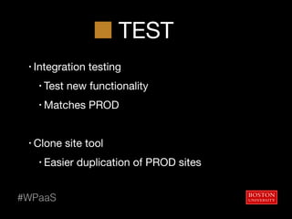 TEST
• Integration testing

• Test new functionality

• Matches PROD

• Clone site tool

• Easier duplication of PROD sites
#WPaaS
 