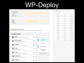 Git
• Gitflow process to manage features, hotfixes,
releases to plugins 
• Github Pull requests to peer-review changes
#WP...