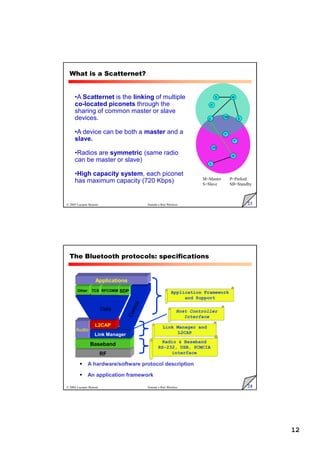 12
23
© 2005 Luciano Bononi Sistemi e Reti Wireless
•A Scatternet is the linking of multiple
co-located piconets through the
sharing of common master or slave
devices.
•A device can be both a master and a
slave.
•Radios are symmetric (same radio
can be master or slave)
•High capacity system, each piconet
has maximum capacity (720 Kbps)
What is a Scatternet?
M
M
S
S
S
S
P
SB
SB
P
P
M=Master
S=Slave
P=Parked
SB=Standby
24
© 2005 Luciano Bononi Sistemi e Reti Wireless
The Bluetooth protocols: specifications
 A hardware/software protocol description
 An application framework
Application Framework
and Support
Link Manager and
L2CAP
Radio  Baseband
RS-232, USB, PCMCIA
interface
Host Controller
Interface
RF
Baseband
Audio
Link Manager
L2CAP
Other TCS RFCOMM
Data
SDP
Applications
 