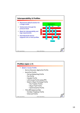13
25
© 2005 Luciano Bononi Sistemi e Reti Wireless
Interoperability  Profiles
Profiles
Protocols
Applications
 Represents default solution for
a usage model
 Vertical slice through the
protocol stack
 Basis for interoperability and
logo requirements
 Each Bluetooth device
supports one or more profiles
26
© 2005 Luciano Bononi Sistemi e Reti Wireless
Profiles (spec v.1)
 Generic Access Profile
• Service Discovery Application Profile
• Serial Port Profile
• Dial-up Networking Profile
• Fax Profile
• Headset Profile
• LAN Access Profile (using PPP)
• Generic Object Exchange Profile
– File Transfer Profile
– Object Push Profile
– Synchronization Profile
• TCS_BIN-based profiles
• Cordless Telephony Profile
• Intercom Profile
 