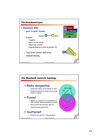 15
29
© 2005 Luciano Bononi Sistemi e Reti Wireless
The Baseband layer
 Baseband (BB)
• point to point channel
• Piconet
• 1 master
• max 7 active slaves
• 1Mb/s per piconet
• hopping sequence given by master Id
• “Low-level” packet definition
• channel sharing
RF
Baseband
Audio
Link Manager
L2CAP
master slave
30
© 2005 Luciano Bononi Sistemi e Reti Wireless
M
M
S
S
S
S
P
sb
sb
P
P
The Bluetooth network topology
 Radio designation
• Connected radios can be master or slave
• Radios are symmetric (same radio can be
master or slave)
 Piconet
• Master can connect to 7 simultaneous or
200+ inactive (parked) slaves per piconet
• Each piconet has maximum capacity
• Unique hopping pattern/ID
 Scatternet
• Piconets can coexist in time and space
 