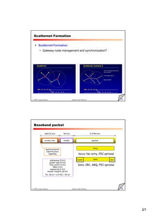 27
53
© 2005 Luciano Bononi Sistemi e Reti Wireless
Scatternet Formation
 Scatternet Formation
• Gateway node management and synchronization?
54
© 2005 Luciano Bononi Sistemi e Reti Wireless
header payload
access code
(68|72) bits 54 bits 0-2744 bits
Baseband packet
Voice
Data
header CRC
Voice: No retry, FEC optional
Data: CRC, ARQ, FEC optional
Synchronization
Identification
Signalling
addressing (3 bit)
packet type (4 bit)
flow control (1 bit)
ARQ (1 bit)
sequencing (1 bit)
Header integrity (8 bit)
Tot: 18 bit + 1/3 FEC = 54 bit
 