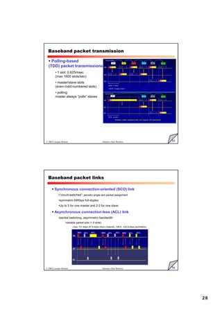 28
55
© 2005 Luciano Bononi Sistemi e Reti Wireless
Baseband packet transmission
 Polling-based
(TDD) packet transmissions
• 1 slot: 0.625msec
(max 1600 slots/sec)
• master/slave slots
(even-/odd-numbered slots)
• polling:
master always “polls” slaves
56
© 2005 Luciano Bononi Sistemi e Reti Wireless
Baseband packet links
 Synchronous connection-oriented (SCO) link
•“circuit-switched”: periodic single-slot packet assignment
•symmetric 64Kbps full-duplex
•Up to 3 for one master and 2-3 for one slave
 Asynchronous connection-less (ACL) link
•packet switching, asymmetric bandwidth
•variable packet size (1-5 slots)
–max. 721 kbps (57.6 kbps return channel), 108.8 - 432.6 kbps (symmetric)
 