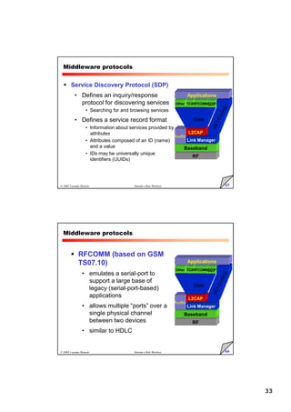 33
65
© 2005 Luciano Bononi Sistemi e Reti Wireless
Middleware protocols
 Service Discovery Protocol (SDP)
• Defines an inquiry/response
protocol for discovering services
• Searching for and browsing services
• Defines a service record format
• Information about services provided by
attributes
• Attributes composed of an ID (name)
and a value
• IDs may be universally unique
identifiers (UUIDs)
RF
Baseband
Audio
Link Manager
L2CAP
Other TCSRFCOMM
Data
SDP
Applications
66
© 2005 Luciano Bononi Sistemi e Reti Wireless
Middleware protocols
 RFCOMM (based on GSM
TS07.10)
• emulates a serial-port to
support a large base of
legacy (serial-port-based)
applications
• allows multiple “ports” over a
single physical channel
between two devices
• similar to HDLC
RF
Baseband
Audio
Link Manager
L2CAP
Other TCSRFCOMM
Data
SDP
Applications
 