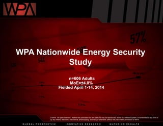 WPA Nationwide Energy Security
Study
n=606 Adults
MoE=±4.0%
Fielded April 1-14, 2014
© WPA. All rights reserved. Neither this publication nor any part of it may be reproduced, stored in a retrieval system, or transmitted in any form or
by any means, electronic, mechanical, photocopying, recording or otherwise, without the prior written permission of WPA.
 