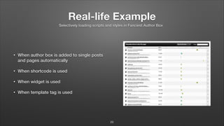 Real-life Example
• When author box is added to single posts
and pages automatically
• When shortcode is used
• When widget is used
• When template tag is used
Selectively loading scripts and styles in Fanciest Author Box
23
 
