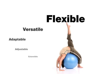 Flexible
         Versatile

Adaptable


   Adjustable


                Extensible
 