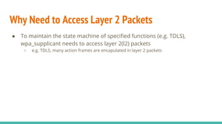 Why Need to Access Layer 2 Packets
● To maintain the state machine of specified functions (e.g. TDLS),
wpa_supplicant needs to access layer 2(l2) packets
○ e.g. TDLS, many action frames are encapulated in layer 2 packets
 