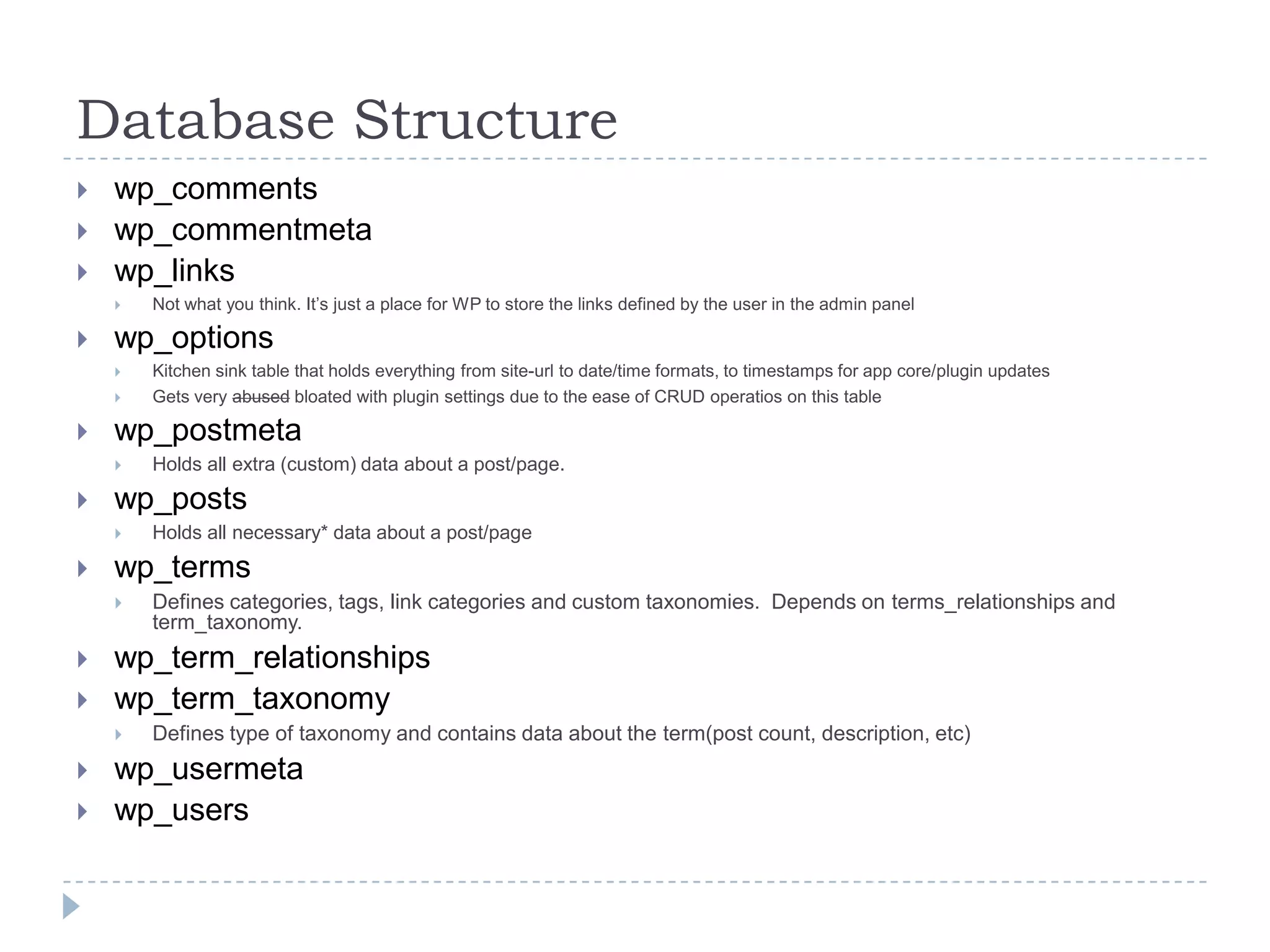 Database Structurewp_commentswp_commentmetawp_linksNot what you think. It’s just a place for WP to store the links defined by the user in the admin panelwp_optionsKitchen sink table that holds everything from site-url to date/time formats, to timestamps for app core/plugin updatesGets very abused bloated with plugin settings due to the ease of CRUD operatios on this tablewp_postmetaHolds all extra (custom) data about a post/page. wp_postsHolds all necessary* data about a post/pagewp_termsDefines categories, tags, link categories and custom taxonomies.  Depends on terms_relationships and term_taxonomy.wp_term_relationshipswp_term_taxonomyDefines type of taxonomy and contains data about the term(post count, description, etc)wp_usermetawp_users