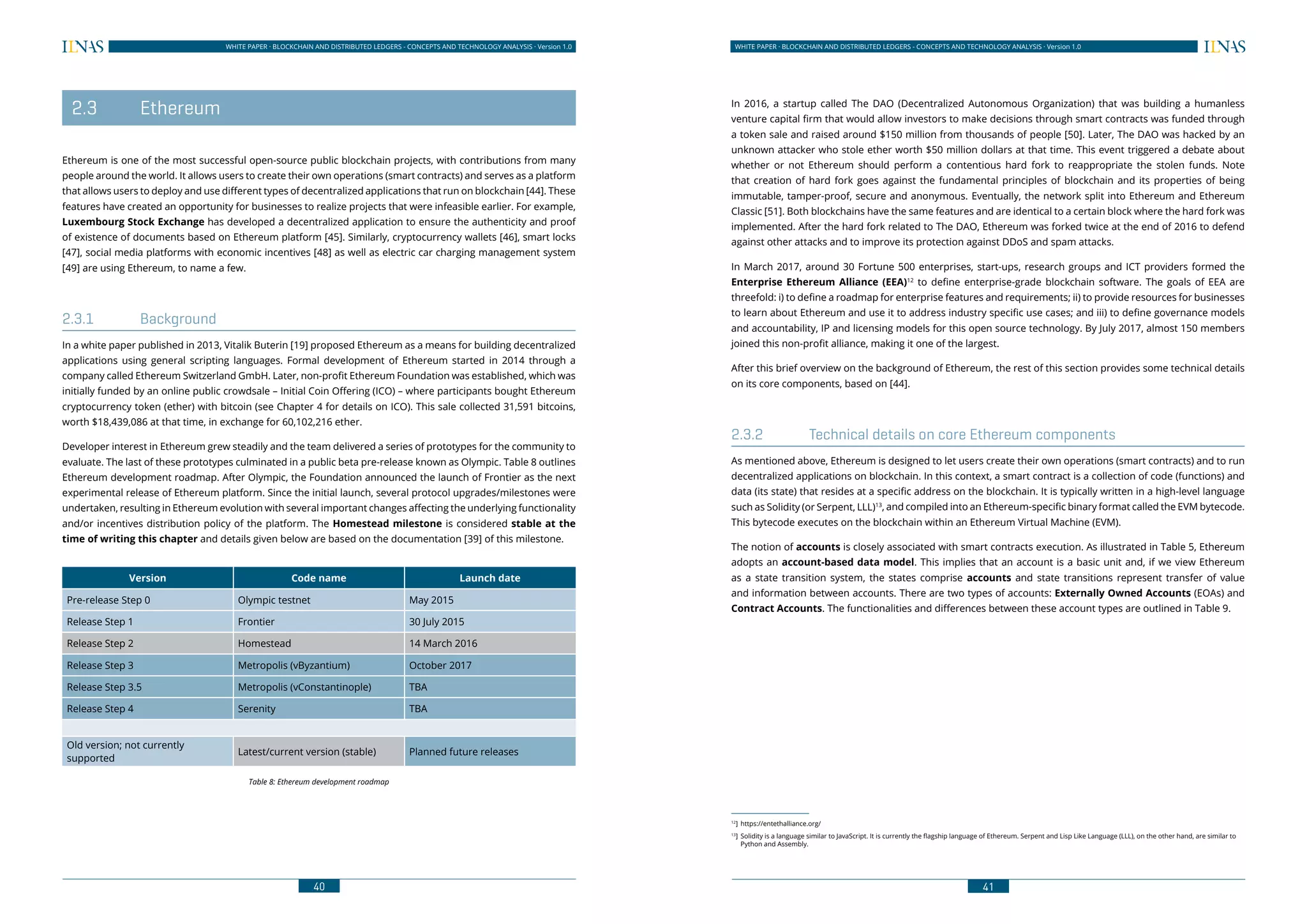 40
WHITE PAPER · BLOCKCHAIN AND DISTRIBUTED LEDGERS - CONCEPTS AND TECHNOLOGY ANALYSIS · Version 1.0 WHITE PAPER · BLOCKCHAIN AND DISTRIBUTED LEDGERS - CONCEPTS AND TECHNOLOGY ANALYSIS · Version 1.0
41
	2.3	 Ethereum
Ethereum is one of the most successful open-source public blockchain projects, with contributions from many
people around the world. It allows users to create their own operations (smart contracts) and serves as a platform
that allows users to deploy and use different types of decentralized applications that run on blockchain [44]. These
features have created an opportunity for businesses to realize projects that were infeasible earlier. For example,
Luxembourg Stock Exchange has developed a decentralized application to ensure the authenticity and proof
of existence of documents based on Ethereum platform [45]. Similarly, cryptocurrency wallets [46], smart locks
[47], social media platforms with economic incentives [48] as well as electric car charging management system
[49] are using Ethereum, to name a few.
2.3.1	Background
In a white paper published in 2013, Vitalik Buterin [19] proposed Ethereum as a means for building decentralized
applications using general scripting languages. Formal development of Ethereum started in 2014 through a
company called Ethereum Switzerland GmbH. Later, non-profit Ethereum Foundation was established, which was
initially funded by an online public crowdsale – Initial Coin Offering (ICO) – where participants bought Ethereum
cryptocurrency token (ether) with bitcoin (see Chapter 4 for details on ICO). This sale collected 31,591 bitcoins,
worth $18,439,086 at that time, in exchange for 60,102,216 ether.
Developer interest in Ethereum grew steadily and the team delivered a series of prototypes for the community to
evaluate. The last of these prototypes culminated in a public beta pre-release known as Olympic. Table 8 outlines
Ethereum development roadmap. After Olympic, the Foundation announced the launch of Frontier as the next
experimental release of Ethereum platform. Since the initial launch, several protocol upgrades/milestones were
undertaken, resulting in Ethereum evolution with several important changes affecting the underlying functionality
and/or incentives distribution policy of the platform. The Homestead milestone is considered stable at the
time of writing this chapter and details given below are based on the documentation [39] of this milestone.
Version Code name Launch date
Pre-release Step 0 Olympic testnet May 2015
Release Step 1 Frontier 30 July 2015
Release Step 2 Homestead 14 March 2016
Release Step 3 Metropolis (vByzantium) October 2017
Release Step 3.5 Metropolis (vConstantinople) TBA
Release Step 4 Serenity TBA
Old version; not currently
supported
Latest/current version (stable) Planned future releases
Table 8: Ethereum development roadmap
In 2016, a startup called The DAO (Decentralized Autonomous Organization) that was building a humanless
venture capital firm that would allow investors to make decisions through smart contracts was funded through
a token sale and raised around $150 million from thousands of people [50]. Later, The DAO was hacked by an
unknown attacker who stole ether worth $50 million dollars at that time. This event triggered a debate about
whether or not Ethereum should perform a contentious hard fork to reappropriate the stolen funds. Note
that creation of hard fork goes against the fundamental principles of blockchain and its properties of being
immutable, tamper-proof, secure and anonymous. Eventually, the network split into Ethereum and Ethereum
Classic [51]. Both blockchains have the same features and are identical to a certain block where the hard fork was
implemented. After the hard fork related to The DAO, Ethereum was forked twice at the end of 2016 to defend
against other attacks and to improve its protection against DDoS and spam attacks.
In March 2017, around 30 Fortune 500 enterprises, start-ups, research groups and ICT providers formed the
Enterprise Ethereum Alliance (EEA)12
to define enterprise-grade blockchain software. The goals of EEA are
threefold: i) to define a roadmap for enterprise features and requirements; ii) to provide resources for businesses
to learn about Ethereum and use it to address industry specific use cases; and iii) to define governance models
and accountability, IP and licensing models for this open source technology. By July 2017, almost 150 members
joined this non-profit alliance, making it one of the largest.
After this brief overview on the background of Ethereum, the rest of this section provides some technical details
on its core components, based on [44].
2.3.2	 Technical details on core Ethereum components
As mentioned above, Ethereum is designed to let users create their own operations (smart contracts) and to run
decentralized applications on blockchain. In this context, a smart contract is a collection of code (functions) and
data (its state) that resides at a specific address on the blockchain. It is typically written in a high-level language
such as Solidity (or Serpent, LLL)13
, and compiled into an Ethereum-specific binary format called the EVM bytecode.
This bytecode executes on the blockchain within an Ethereum Virtual Machine (EVM).
The notion of accounts is closely associated with smart contracts execution. As illustrated in Table 5, Ethereum
adopts an account-based data model. This implies that an account is a basic unit and, if we view Ethereum
as a state transition system, the states comprise accounts and state transitions represent transfer of value
and information between accounts. There are two types of accounts: Externally Owned Accounts (EOAs) and
Contract Accounts. The functionalities and differences between these account types are outlined in Table 9.
12
]	https://entethalliance.org/
13
]	 Solidity is a language similar to JavaScript. It is currently the flagship language of Ethereum. Serpent and Lisp Like Language (LLL), on the other hand, are similar to
Python and Assembly.
 