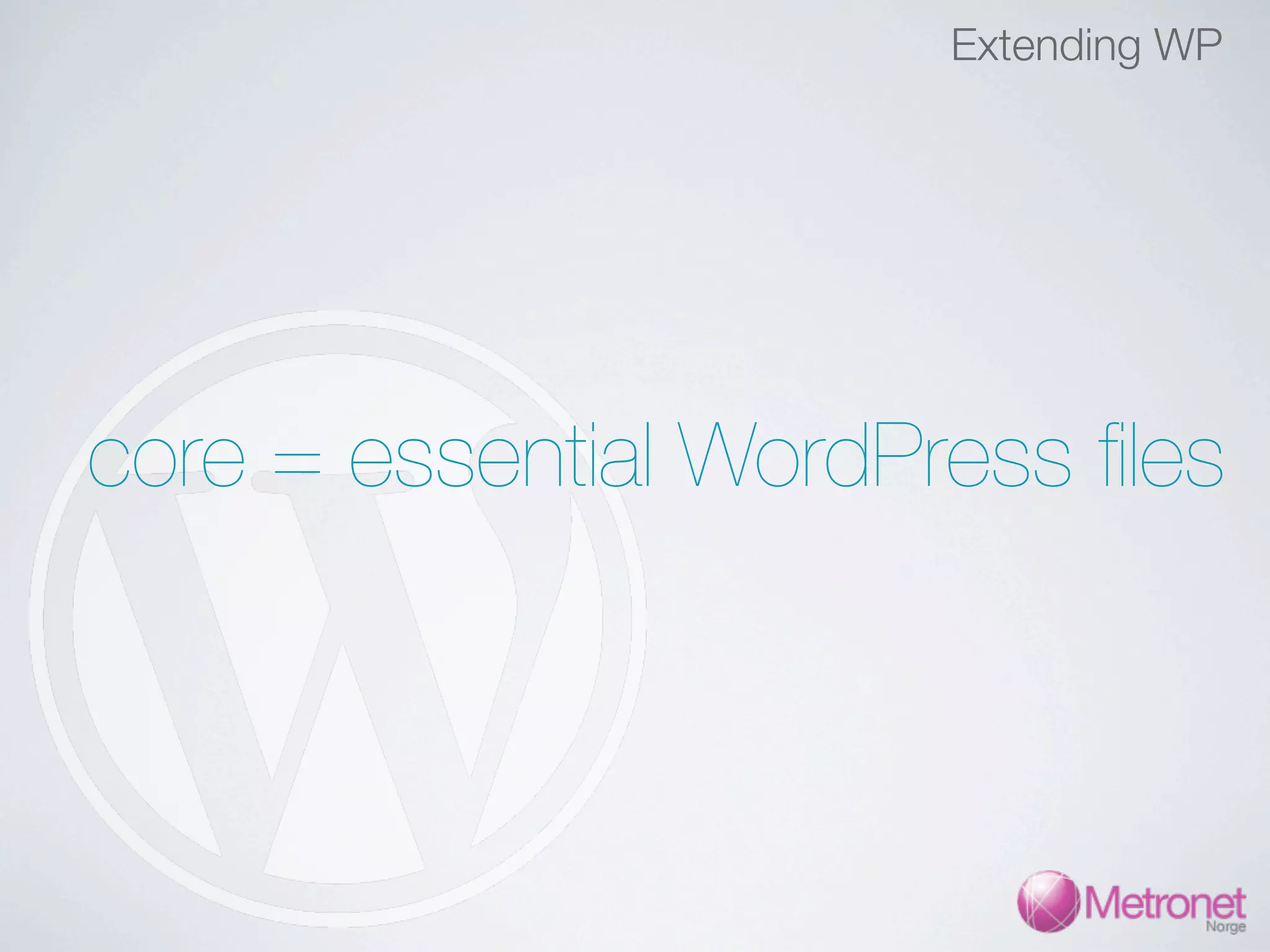 Extending WP core = essential WordPress ﬁles 