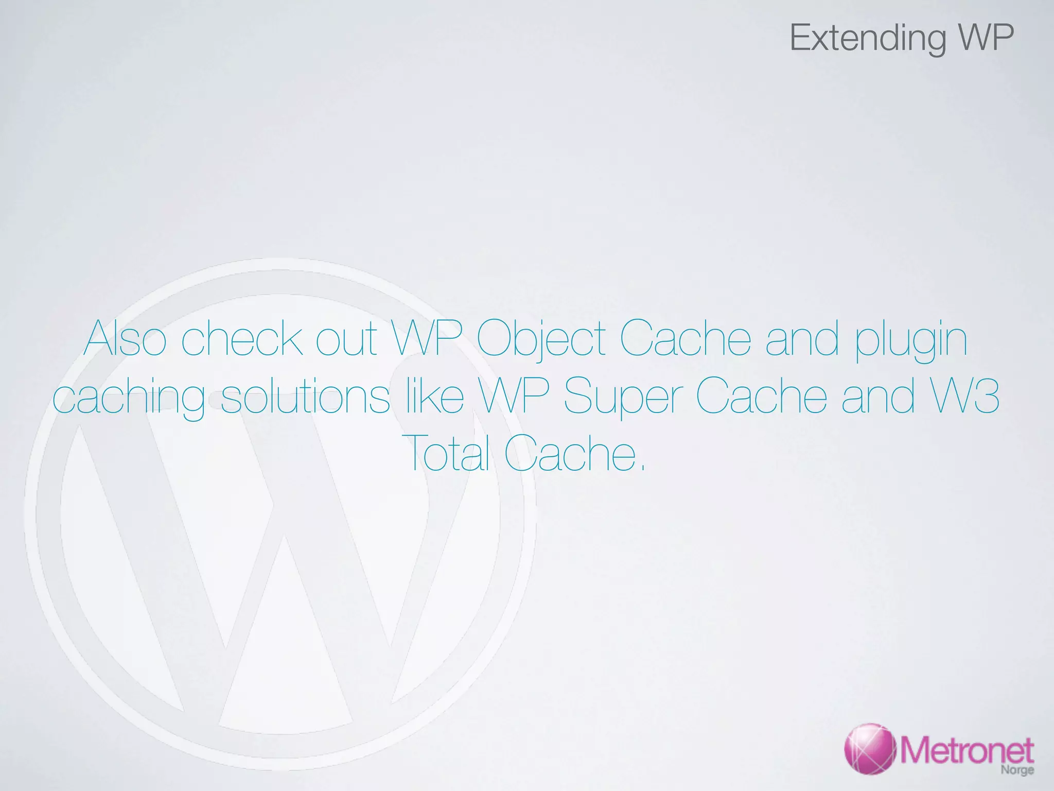 Extending WP Also check out WP Object Cache and plugin caching solutions like WP Super Cache and W3 Total Cache. 