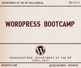 DEPARTMENT OF THE WP FIELD MANUAL                FM 7-21.13




   WORDPRESS BOOTCAMP



      HEADQUARTERS, DEPARTMENT OF THE WP
                  APRIL 2012

#WPBOOTCAMP                         @JOELRNORRIS #WCNASH
 