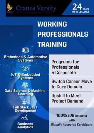 WORKING
PROFESSIONALS
TRAINING
Programs for
Professionals
& Corporate
Switch Career Move
to Core Domain
Upskill to Meet
Project Demand
Embedded & Automotive
Systems
IoT & Embedded
Systems
Data Science & Machine
Learning
Full Stack Java
Development
Business
Analytics
100% JOB Assured
with
Globally Accepted Certificate
24YEARS
OF EXCELLENCE
 