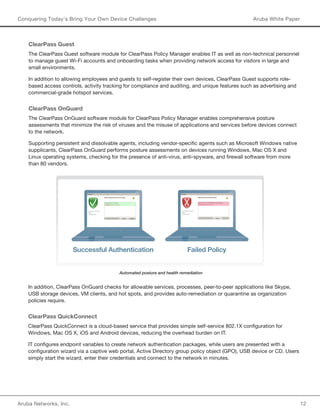 Aruba Networks, Inc. 12 
Conquering Today’s Bring Your Own Device Challenges Aruba White Paper 
ClearPass Guest 
The ClearPass Guest software module for ClearPass Policy Manager enables IT as well as non-technical personnel 
to manage guest Wi-Fi accounts and onboarding tasks when providing network access for visitors in large and 
small environments. 
In addition to allowing employees and guests to self-register their own devices, ClearPass Guest supports role-based 
access controls, activity tracking for compliance and auditing, and unique features such as advertising and 
commercial-grade hotspot services. 
ClearPass OnGuard 
The ClearPass OnGuard software module for ClearPass Policy Manager enables comprehensive posture 
assessments that minimize the risk of viruses and the misuse of applications and services before devices connect 
to the network. 
Supporting persistent and dissolvable agents, including vendor-specific agents such as Microsoft Windows native 
supplicants, ClearPass OnGuard performs posture assessments on devices running Windows, Mac OS X and 
Linux operating systems, checking for the presence of anti-virus, anti-spyware, and firewall software from more 
than 80 vendors. 
In addition, ClearPass OnGuard checks for allowable services, processes, peer-to-peer applications like Skype, 
USB storage devices, VM clients, and hot spots, and provides auto-remediation or quarantine as organization 
policies require. 
ClearPass QuickConnect 
ClearPass QuickConnect is a cloud-based service that provides simple self-service 802.1X configuration for 
Windows, Mac OS X, iOS and Android devices, reducing the overhead burden on IT. 
IT configures endpoint variables to create network authentication packages, while users are presented with a 
configuration wizard via a captive web portal, Active Directory group policy object (GPO), USB device or CD. Users 
simply start the wizard, enter their credentials and connect to the network in minutes. 
Automated posture and health remediation 
Successful Authentication Failed Policy 
 