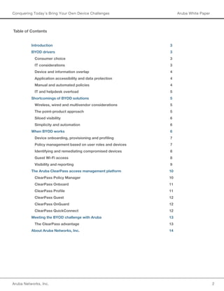 Aruba Networks, Inc. 2 
Conquering Today’s Bring Your Own Device Challenges Aruba White Paper 
Table of Contents 
Introduction 3 
BYOD drivers 3 
Consumer choice 3 
IT considerations 3 
Device and information overlap 4 
Application accessibility and data protection 4 
Manual and automated policies 4 
IT and helpdesk overload 5 
Shortcomings of BYOD solutions 5 
Wireless, wired and multivendor considerations 5 
The point-product approach 5 
Siloed visibility 6 
Simplicity and automation 6 
When BYOD works 6 
Device onboarding, provisioning and profiling 7 
Policy management based on user roles and devices 7 
Identifying and remediating compromised devices 8 
Guest Wi-Fi access 8 
Visibility and reporting 9 
The Aruba ClearPass access management platform 10 
ClearPass Policy Manager 10 
ClearPass Onboard 11 
ClearPass Profile 11 
ClearPass Guest 12 
ClearPass OnGuard 12 
ClearPass QuickConnect 12 
Meeting the BYOD challenge with Aruba 13 
The ClearPass advantage 13 
About Aruba Networks, Inc. 14 
 