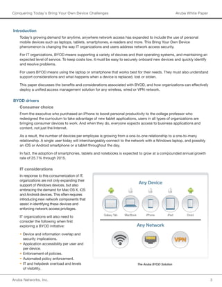 Aruba Networks, Inc. 3 
Conquering Today’s Bring Your Own Device Challenges Aruba White Paper 
Introduction 
Today’s growing demand for anytime, anywhere network access has expanded to include the use of personal 
mobile devices such as laptops, tablets, smartphones, e-readers and more. This Bring Your Own Device 
phenomenon is changing the way IT organizations and users address network access security. 
For IT organizations, BYOD means supporting a variety of devices and their operating systems, and maintaining an 
expected level of service. To keep costs low, it must be easy to securely onboard new devices and quickly identify 
and resolve problems. 
For users BYOD means using the laptop or smartphone that works best for their needs. They must also understand 
support considerations and what happens when a device is replaced, lost or stolen. 
This paper discusses the benefits and considerations associated with BYOD, and how organizations can effectively 
deploy a unified access management solution for any wireless, wired or VPN network. 
BYOD drivers 
Consumer choice 
From the executive who purchased an iPhone to boost personal productivity to the college professor who 
redesigned the curriculum to take advantage of new tablet applications, users in all types of organizations are 
bringing consumer devices to work. And when they do, everyone expects access to business applications and 
content, not just the Internet. 
As a result, the number of devices per employee is growing from a one-to-one relationship to a one-to-many 
relationship. A single user today will interchangeably connect to the network with a Windows laptop, and possibly 
an iOS or Android smartphone or a tablet throughout the day. 
In fact, the adoption of smartphones, tablets and notebooks is expected to grow at a compounded annual growth 
rate of 25.7% through 2015. 
IT considerations 
In response to this consumerization of IT, 
organizations are not only expanding their 
support of Windows devices, but also 
embracing the demand for Mac OS X, iOS 
and Android devices. This often requires 
introducing new network components that 
assist in identifying these devices and 
enforcing network access privileges. 
IT organizations will also need to 
consider the following when first 
exploring a BYOD initiative: 
• Device and information overlap and 
security implications. 
• Application accessibility per user and 
per device. 
• Enforcement of policies. 
• Automated policy enforcement. 
• IT and helpdesk overload and levels 
of visibility. 
Any Device 
Galaxy Tab MacBook iPhone iPad Droid 
Any Network 
VPN 
The Aruba BYOD Solution 
 