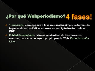 ¿Por qué Webperiodismo?1- facsímile, corresponde a la reproducción simple de la versión impresa de un periódico, a través de su digitalización o de un PDF.2- Modelo adaptado, mismos contenidos de las versiones escritas, pero con un layout propio para la Web. Periodismo On Line.4 fases!