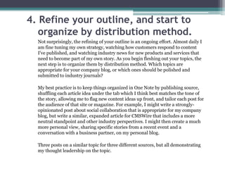 4. Refine your outline, and start to
organize by distribution method.
Not surprisingly, the refining of your outline is an...