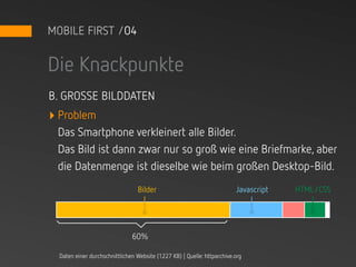 MOBILE FIRST /04


Die Knackpunkte
B. GROSSE BILDDATEN
‣ Problem
 Das Smartphone verkleinert alle Bilder.
 Das Bild ist dann zwar nur so groß wie eine Briefmarke, aber
 die Datenmenge ist dieselbe wie beim großen Desktop-Bild.
                                 Bilder                                  Javascript   HTML/CSS




                               60%

  Daten einer durchschnittlichen Website (1227 KB) | Quelle: httparchive.org
 