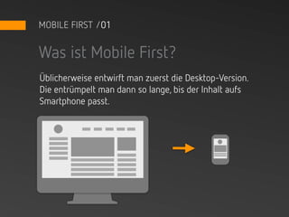 MOBILE FIRST /01


Was ist Mobile First?
Üblicherweise entwirft man zuerst die Desktop-Version.
Die entrümpelt man dann so lange, bis der Inhalt aufs
Smartphone passt.
 