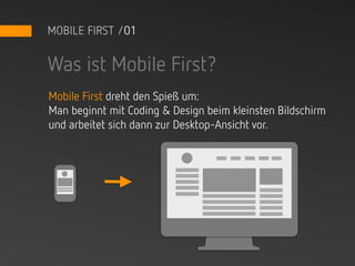 MOBILE FIRST /01


Was ist Mobile First?
Mobile First dreht den Spieß um:
Man beginnt mit Coding & Design beim kleinsten Bildschirm
und arbeitet sich dann zur Desktop-Ansicht vor.
 