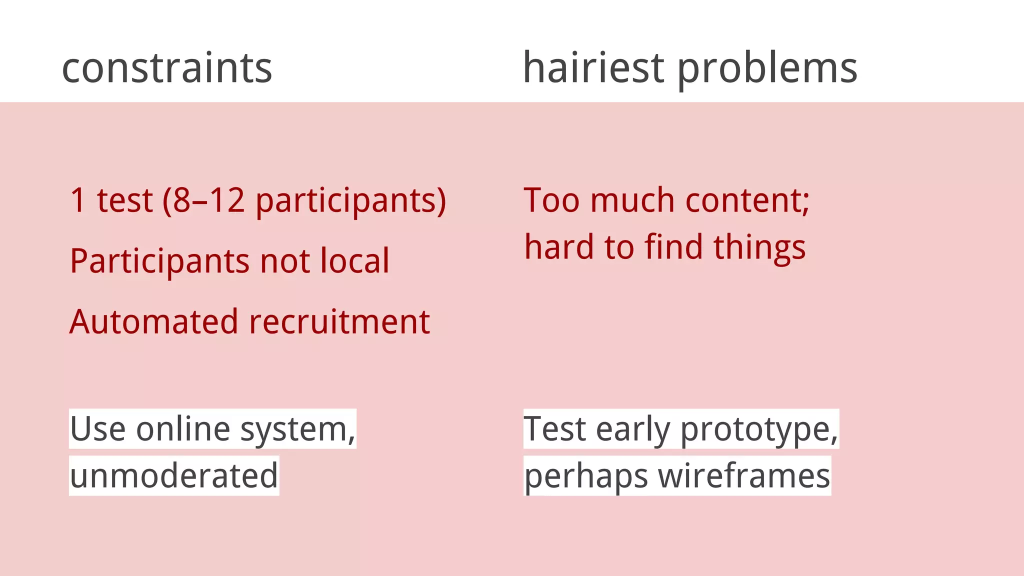 constraints hairiest problems
1 test (8–12 participants)
Participants not local
Automated recruitment
Too much content;
hard to find things
Use online system,
unmoderated
Test early prototype,
perhaps wireframes
 