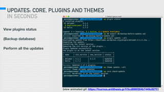 UPDATES: CORE, PLUGINS AND THEMES
IN SECONDS
View plugins status
(Backup database)
Perform all the updates
(view animated gif: https://fournos.antithesis.gr/f/5cd896f264b7449c827f/)
 