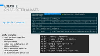 EXECUTE 
ON SELECTED ALIASES
wp @ALIAS command
wp @all verify-checksums
wp @live updatedraftplus backup
wp @all core update
wp @staging plugin update —all
wp @all cache flush
wp @all super-cache flush
wp @live cron event run --due-now
Useful examples:
check for altered core files
everywhere

backup live sites

update core and plugins on all
staging installations

flush object cache and super
cache everywhere

run due cron events on live sites
 