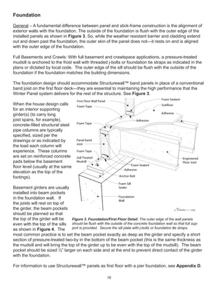 16
Foundation
General – A fundamental difference between panel and stick-frame construction is the alignment of
exterior walls with the foundation. The outside of the foundation is ﬂush with the outer edge of the
installed panels as shown in Figure 3. So, while the weather resistant barrier and cladding extend
out and down past the foundation, the outer skin of the panel does not—it rests on and is aligned
with the outer edge of the foundation.
Full Basements and Crawls: With full basement and crawlspace applications, a pressure-treated
mudsill is anchored to the frost wall with threaded j-bolts or foundation tie straps as indicated in the
plans or dictated by local code. The outer edge of the sill should be ﬂush with the outside of the
foundation if the foundation matches the building dimensions.
The foundation design should accommodate Structurewall™ band panels in place of a conventional
band joist on the ﬁrst ﬂoor deck—they are essential to maintaining the high performance that the
Winter Panel system delivers for the rest of the structure. See Figure 3.
When the house design calls
for an interior supporting
girder(s) (to carry long
joist spans, for example),
concrete-ﬁlled structural steel
pipe columns are typically
speciﬁed, sized per the
drawings or as indicated by
the load each column will
experience. These columns
are set on reinforced concrete
pads below the basement
ﬂoor level (usually at the same
elevation as the top of the
footings).
Basement girders are usually
installed into beam pockets
in the foundation wall. If
the joists will rest on top of
the girder, the beam pockets
should be planned so that
the top of the girder will be
even with the top of the sills
as shown in Figure 4. The
most common practice is to set the beam pocket exactly as deep as the girder and specify a short
section of pressure-treated two-by in the bottom of the beam pocket (this is the same thickness as
the mudsill and will bring the top of the girder up to be even with the top of the mudsill). The beam
pocket should be sized ½” larger on each side and at the end to prevent direct contact of the girder
with the foundation.
For information to use Structurewall™ panels as ﬁrst ﬂoor with a pier foundation, see Appendix D.
winterpanel corp.c
First Floor Wall Panel
Subfloor
Adhesive
Engineered
Floor Joist
Foam Tape
Panel band
Joist
2x8 Treated
Mudsill
Anchor Bolt
Foam Sill
Sealer
Foundation
Wall
Foam Tape
Foam Tape
Foam Sealant
Adhesive
Foam Sealant
Adhesive
Figure 3. Foundation/First Floor Detail. The outer edge of the wall panels
should be ﬂush with the outside of the concrete foundation wall so that full sup-
port is provided. Secure the sill plate with j-bolts or foundation tie straps.
 