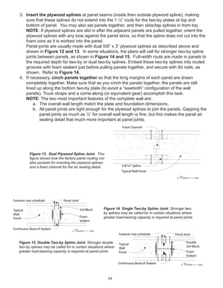 24
3. Insert the plywood splines at panel seams (inside then outside plywood spline), making
sure that these splines do not extend into the 1 ½” routs for the two-by plates at top and
bottom of panel. You may also set panels together, and then slide/tap splines in from top.
NOTE: If plywood splines are slid in after the adjacent panels are pulled together, orient the
plywood splines with any bow against the panel skins, so that the spline does not cut into the
foam core as it is worked into the panel.
Panel joints are usually made with dual 5/8” x 3” plywood splines as described above and
shown in Figure 12 and 13. In some situations, the plans will call for stronger two-by spline
joints between panels, as shown in Figure 14 and 15. Full-width routs are made in panels to
the required depth for two-by or dual two-by splines. Embed these two-by splines into routed
grooves with foam sealant just before pulling panels together, and secure with 8d nails, as
shown. Refer to Figure 14.
4. If necessary, cinch panels together so that the long margins of each panel are drawn
completely together. Make sure that as you cinch the panels together, the panels are still
lined up along the bottom two-by plate (to avoid a “sawtooth” conﬁguration of the wall
panels). Truck straps and a come-along (or equivalent gear) accomplish this task.
NOTE: The two most important features of the complete wall are:
a. The overall wall length match the plate and foundation dimensions.
b. All panel joints are tight enough for the plywood splines to join the panels. Gapping the
panel joints as much as ½” for overall wall length is ﬁne, but this makes the panel air
sealing detail that much more important at panel joints.
winterpanel corp.c
5/8"x3" Spline
Foam Channel
Typical Wall Panel
Figure 13. Dual Plywood Spline Joint. This
ﬁgure shows how the factory panel routing cre-
ates pockets for inserting the plywood splines
and a foam channel for the air sealing detail.
winterpanel corp.c
Fastener (see schedule)
Continuous Bead of Sealant
2x4 BlockTypical
Wall
Panel
Panel Joint
Foam
Sealant
Figure 14. Single Two-by Spline Joint. Stronger two-
by splines may be called for in certain situations where
greater load-bearing capacity is required at panel joints.
Figure 15. Double Two-by Spline Joint. Stronger double
two-by splines may be called for in certain situations where
greater load-bearing capacity is required at panel joints.
winterpanel corp.c
Fastener (see schedule)
Continuous Bead of Sealant
Double
2x4 Block
Typical
Wall
Panel
Panel Joint
Foam
Sealant
 