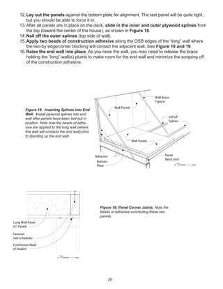 26
12.Lay out the panels against the bottom plate for alignment. The last panel will be quite tight,
but you should be able to force it in.
13.After all panels are in place on the deck, slide in the inner and outer plywood splines from
the top (toward the center of the house), as shown in Figure 18.
14.Nail off the outer splines (top side of wall).
15.Apply two beads of construction adhesive along the OSB edges of the “long” wall where
the two-by edge/corner blocking will contact the adjacent wall. See Figure 18 and 19.
16.Raise the end wall into place. As you raise the wall, you may need to release the brace
holding the “long” wall(s) plumb to make room for the end wall and minimize the scraping off
of the construction adhesive.
winterpanel corp.c
5/8"x3"
Splines
Bottom
Plate
Panel
Band Joist
Wall Brace
Typical
Wall Panels
Wall Panels
Adhesive
Figure 18. Inserting Splines into End
Wall. Install plywood splines into end
wall after panels have been laid out in
position. Note how the beads of adhe-
sive are applied to the long wall (where
this wall will contacts the end wall) prior
to standing up the end wall.
winterpanel corp.c
Long Wall Panel
(#1 Panel)
Fastener
(see schedule)
Continuous Bead
of Sealant
Figure 19. Panel Corner Joints. Note the
beads of adhesive connecting these two
panels.
 
