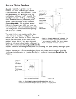 29
Door and Window Openings
General – Typically, rough openings for
windows and doors are factory pre-cut and
routed for window and door openings (Consult
both Appendix B and Winter Panel for site
modiﬁcations to Structurewall™ panels). The
routed grooves are 1 ½” deep so that two-by
frame members (blocking) can be fully inset
around the whole window or door perimeter
(Figure 23 and 24). This technique is used
both when the opening is within one panel and
when the opening extends into adjoining panels.
The two-by frame members for some openings
may be factory installed.
Very wide windows and double or sliding glass
doors may span more than a full panel. In
this case, the plans may call for a more substantial
header over the window or door inset into the
adjacent panels. Either a box beam, insulated
header, or built-up structural header will be used as
structural requirements dictate (Figures 25 and 26).
Note the difference in these ﬁgures between “heavy loading” and “point loading” and larger spans.
Moisture Management – The exposed edges of door and window rough openings should be
weather-protected as soon as possible. See the third section of this manual, Completing the
Process.
winterpanel corp.c
Typical Wall Panel
Extend Head Plate
To Hidden Face
of Jamb
Rough Jamb
Extend Sill Plate
To Hidden Face
of Jamb
Fastener
(see schedule)
Figure 23. Rough Opening for Window. The
perimeters of window openings are routed out
1 ½” and two-bys installed. The sill and header
should overlap side members, as shown.
winterpanel corp.cLIGHT DISTRIBUTED LOADING
Section
Continuous
Top Plate
(1 1/2" Rout)
Typical Rough
Opening
(1 1/2" Routed
Panel)
Rough
Opening
As Req'd
Figure 24. Opening with Light Distributed Loading. Note the
continuous top plate for this type of rough opening in a single panel.
 