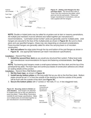 34
NOTE: Double or tripled joists may be called for at girders and at stair or masonry penetrations.
All multiple joist members must be adhered and nailed together per manufacturer’s
recommendations. “Laminated veneer lumber” joists are generally used for multiple joists. Joist
hangers are secured to the face of the multiple joists as shown in Figure 32. Be sure to check
plans and use speciﬁed hangers—these may vary depending on structural considerations.
Face-mounted hangers are generally called for when the carrying beam is of microlam
construction.
4. Nail and adhere the edge joists through the top and bottom of the joist ﬂanges as shown in
Figure 33. Use appropriate fasteners per beam manufacturer speciﬁcations.
Installation – Second Floor Deck
1. Install the second ﬂoor deck as you would any structural ﬂoor system. Follow local code
and manufacturer recommendations for layout and fastening schedule/details. See Figure
34.
NOTE: Top-bearing joist hangers create a small space between the ﬂoor deck and the top of the
panel/panel top plate. The foam tape and continuous beads of construction adhesive are critical
air sealing details at this junction.
Installation – Second Story Wall Bottom plates
1. Set the foam tape, as shown in Figure 34.
2. Install two-by bottom plates on the long walls ﬁrst as you did on the ﬁrst ﬂoor deck. Bottom
plates should be set ½” in from the outside of the decking so that the outside of the panels
will be ﬂush with the outside of the deck (see Figure 35).
3. Secure the bottom plates with 3” screws or 16d nails, 6” o.c. in two staggered rows.
winterpanel corp.c
Fastener
(see schedule)
Foam Tape
Top Plate
Engineered
Floor Joist
Adhesive
Typical Wall
Panel
Joist Hanger
winterpanel corp.c
Multi-Beam
Connection per
Manufacturer
Specification
Joist
Hanger
Engineered
Floor Joist
Floor
Beam
Fastener
(see schedule)
Figure 31. Setting Joist Hangers for Sec-
ond Floor Deck. The second ﬂoor deck is
“hung” from the continuous top plates, which
were set into the wall panels. Follow joist
hanger manufacturer’s instructions, and use
nails supplied with the hangers.
Figure 32. Securing Joists to Girders or
Joist Headers. Joist hangers are attached
to multiple joists just as they are attached to
panel top plates. Follow Winter Panel plans
carefully for joist hanger speciﬁcations. Make
sure multiple joists are laminated together as
per manufacturer’s recommendations.
 
