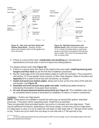 37
4. If there is a second ﬂoor deck, install joists and sheathing per manufacturer’s
speciﬁcations and local code, in terms of layout and nailing patterns.
For steeply pitched roofs2
(See Figure 38):
5. If there is a second story ﬂoor deck at the height of the eave walls, install top-bearing joist
hangers and ﬂoor deck as per the ﬁrst ﬂoor installation procedures.
6. Rip the inside edge of the roof panel bottom plates to match the roof pitch. This is typical for
roof pitches 12:12 and greater (most common on Bow Cape designs). Refer to the plans and
Appendix C for a table of bevel rips and roof pitches, as needed.
7. Install roof panel eave bottom plates, taking care to line up the inner skins of the wall and
roof panels—see Figure 38.
8. Assemble and erect second story gable end walls, installing top plates except as
indicated by the location of top-open beam pockets.
9. Air seal all panel plywood-splined panel joints per Figure 22. This installation step must
be completed before access is eliminated by installation of interior or exterior components.
Installation – Purlins and ridge beams
NOTE: These beams are installed in exactly the same way as second ﬂoor girders, described
previously. If the plans call for supporting posts, install them as speciﬁed.
There are generally three laminated beams: two purlins in mid-span and one ridge beam. There
may be additional roof beams, depending on the house design, or there may not be a ridge beam.
If a ridge beam is used, it is cut to match the roof slope on both sides with a 1” ﬂat spot at the center
on top. Purlins are cut to match the roof slope on one side with a 2” ﬂat spot left on top.
2 Or for any wall panel where the top of the panel is NOT cut at an angle, and it is the bottom plate of the roof
panel that matches the roof pitch.
winterpanel corp.c
Fastener
(see schedule)
Foam Tape
Continuous
Adhesive
2x Top Plate
Bevel Cut to
Match Roof
Slope
Subfloor
Adhesive
Engineered
Floor Joist
Typical
Wall Panel
Foam Sealant
winterpanel corp.c
Fastener
(see schedule)
Beveled Plate
Typical Wall
Panel
Engineered
Floor Joist
Joist Hanger
Subfloor
Adhesive
Figure 38. Wall-Roof Intersection with
Shallow Roofs. With roof pitches steeper than
12:12, a bevel cut bottom plate is used at the
eaves to secure the roof panels to the top ﬂoor
deck or walls. This is true for the popular Bow
roof, as shown here.
Figure 37. Attic Joist and Floor Detail with
Shallow Slope Roofs. Typically, the ﬂoor
joists in this situation will run to the gables and
not to the eaves.
 