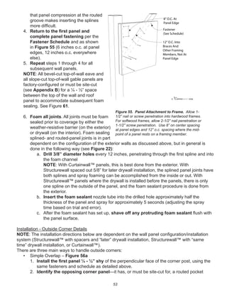 53
that panel compression at the routed
groove makes inserting the splines
more difﬁcult.
4. Return to the ﬁrst panel and
complete panel fastening per the
Fastener Schedule and as shown
in Figure 55 (6 inches o.c. at panel
edges, 12 inches o.c. everywhere
else).
5. Repeat steps 1 through 4 for all
subsequent wall panels.
NOTE: All bevel-cut top-of-wall eave and
all slope-cut top-of-wall gable panels are
factory-conﬁgured or must be site-cut
(see Appendix B) for a ¼ - ½” space
between the top of the wall and roof
panel to accommodate subsequent foam
sealing. See Figure 61.
6. Foam all joints. All joints must be foam
sealed prior to coverage by either the
weather-resistive barrier (on the exterior)
or drywall (on the interior). Foam sealing
splined- and routed-panel joints is in part
dependent on the conﬁguration of the exterior walls as discussed above, but in general is
done in the following way (see Figure 22):
a. Drill 3/8” diameter holes every 12 inches, penetrating through the ﬁrst spline and into
the foam channel
NOTE: With Curtainwall™ panels, this is best done from the exterior. With
Structurewall spaced out 5/8” for later drywall installation, the splined panel joints have
both splines and spray foaming can be accomplished from the inside or out. With
Structurewall™ panels where the drywall is installed before the panels, there is only
one spline on the outside of the panel, and the foam sealant procedure is done from
the exterior.
b. Insert the foam sealant nozzle tube into the drilled hole approximately half the
thickness of the panel and spray for approximately 5 seconds (adjusting the spray
time based on trial and error).
c. After the foam sealant has set up, shave off any protruding foam sealant ﬂush with
the panel surface.
Installation - Outside Corner Details
NOTE: The installation directions below are dependent on the wall panel conﬁguration/installation
system (Structurewall™ with spacers and “later” drywall installation, Structurewall™ with “same
time” drywall installation, or Curtainwall™).
There are three main ways to handle outside corners:
• Simple Overlap – Figure 56a
1. Install the ﬁrst panel ¼ - ½” shy of the perpendicular face of the corner post, using the
same fasteners and schedule as detailed above.
2. Identify the opposing corner panel—it has, or must be site-cut for, a routed pocket
winterpanel corp.c
12" O.C. Into
Braces And
Other Framing
Members, Not At
Panel Edge
8" O.C. At
Panel Edge
Fastener
(See Schedule)
Figure 55. Panel Attachment to Frame. Allow 1-
1/2” nail or screw penetration into hardwood frames.
For softwood frames, allow 2-1/2” nail penetration or
1-1/2” screw penetration. Use 8” on center spacing
at panel edges and 12” o.c. spacing where the mid-
point of a panel rests on a framing member.
 