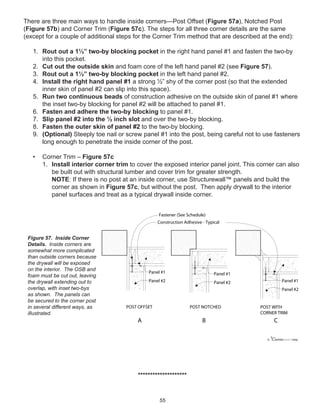 55
There are three main ways to handle inside corners—Post Offset (Figure 57a), Notched Post
(Figure 57b) and Corner Trim (Figure 57c). The steps for all three corner details are the same
(except for a couple of additional steps for the Corner Trim method that are described at the end):
1. Rout out a 1½” two-by blocking pocket in the right hand panel #1 and fasten the two-by
into this pocket.
2. Cut out the outside skin and foam core of the left hand panel #2 (see Figure 57).
3. Rout out a 1½” two-by blocking pocket in the left hand panel #2.
4. Install the right hand panel #1 a strong ½” shy of the corner post (so that the extended
inner skin of panel #2 can slip into this space).
5. Run two continuous beads of construction adhesive on the outside skin of panel #1 where
the inset two-by blocking for panel #2 will be attached to panel #1.
6. Fasten and adhere the two-by blocking to panel #1.
7. Slip panel #2 into the ½ inch slot and over the two-by blocking.
8. Fasten the outer skin of panel #2 to the two-by blocking.
9. (Optional) Steeply toe nail or screw panel #1 into the post, being careful not to use fasteners
long enough to penetrate the inside corner of the post.
• Corner Trim – Figure 57c
1. Install interior corner trim to cover the exposed interior panel joint. This corner can also
be built out with structural lumber and cover trim for greater strength.
NOTE: If there is no post at an inside corner, use Structurewall™ panels and build the
corner as shown in Figure 57c, but without the post. Then apply drywall to the interior
panel surfaces and treat as a typical drywall inside corner.
********************
winterpanel corp.c
POST OFFSET POST NOTCHED POST WITH
CORNER TRIM
Construction Adhesive - Typical
A B C
Panel #1
Panel #2
Panel #1
Panel #2 Panel #1
Panel #2
Fastener (See Schedule)
Figure 57. Inside Corner
Details. Inside corners are
somewhat more complicated
than outside corners because
the drywall will be exposed
on the interior. The OSB and
foam must be cut out, leaving
the drywall extending out to
overlap, with inset two-bys
as shown. The panels can
be secured to the corner post
in several different ways, as
illustrated.
 