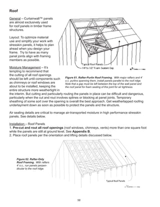 58
Roof
General – Curtainwall™ panels
are almost exclusively used
for roof panels in timber frame
structures.
Layout: To optimize material
use and simplify your work with
stresskin panels, it helps to plan
ahead when you design your
frame. Try to have as many
panel joints align with framing
members as possible.
Moisture Management – It’s
tempting to recommend that
the cutting of all roof openings
should be left until components such
as chimneys or roof windows are
about to be installed, keeping the
entire structure more weathertight in
the interim. But cutting and particularly routing the panels in place can be difﬁcult and dangerous,
particularly when the cut and rout involves splines or blocking at panel joints. Temporary
sheathing of some sort over the opening is overall the best approach. Get weatherlapped rooﬁng
underlayment down as soon as possible to protect the panels and the structure.
Air sealing details are critical to manage air-transported moisture in high performance stresskin
panels. See details below.
Installation – Roof Panels
1. Pre-cut and rout all roof openings (roof windows, chimneys, vents) more than one square foot
while the panels are still at ground level. See Appendix B.
2. Place roof panels per the orientation and lifting details discussed below.
Figure 61. Rafter-Purlin Roof Framing. With major rafters and 4’
o.c. purlins spanning them, install panels parallel to the roof ridge.
Note that a gap must be left between the top of the wall panel and
the roof panel for foam sealing of this joint for air tightness.
winterpanel corp.c
Typical Roof Panels
Figure 62. Rafter-Only
Roof Framing. With rafters
4’ o.c., run panels perpen-
dicular to the roof ridge.
 