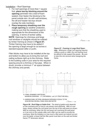 62
Installation – Roof Openings
1. For roof openings of more than 1 square
foot, place two-by blocking around the
opening perimeter into a bed of foam
sealant, then fasten the blocking to the
panel outside skin. As with wall windows,
the sill and header two-bys should
overlap the side members.
2. Place temporary sheathing over the
rough opening as weather protection,
making sure that the sheathing used is
appropriate for the dimensions of the
opening, in terms of worker safety.
NOTE: Openings for chimneys and large
roof windows or skylights should be outlined
by timber framing as shown in Figure 67.
Timber framing may have to be added if
the opening is large enough to cut across a
standard-spaced rafter or purlin.
Filler blocks may have to be installed at the top
and bottom to allow you to bring the roof and
ceiling surfaces right up to the chimney. Refer
to the building code in your area for the required
spacing around a chimney or ﬂue pipe. When in
doubt, provide a minimum 1” air space between
the chimney and panels.
winterpanel corp.c
Large
Roof
Opening
Purlins
Rafter Beams
Additional Framing
Members
Figure 67. Framing in Large Roof Open-
ings. Whenever a large roof opening requires
cutting a purlin or rafter, the roof framing must
be altered to fully support the panels. Be sure
to take this into account when designing the
frame.
winterpanel corp.c
X Y
X= PANEL SPANNING A RAFTER BAY
MAXIMUM OVERHANG: 12" CURTAINWALL and 24" STRUCTURE WALL
Y= NARROW PANEL SECTIONS: MAXIMUM OVERHANG IS EQUAL TO THE
SPAN RESTING ON WALL PANEL EDGE AND RAFTER
Y
Figure 68. Roof Edge at Gable End. The detail at gable ends depends
on the overhang and on how to use panels most efﬁciently. With no over
hang, simply overlap the roof panel over the top of the wall panel as shown.
With an overhang, either the full roof panel can overhang the wall panel
or it can end on the outside rafter and a ﬁller can be used to provide the
overhang. Note the limitation on how much a ﬁler panel can extend out and
over the gable: at least half the ﬁller panel must bear on the wall and timber
frame (“Y” dimension above).
 
