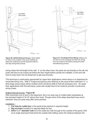 80
wiring chase the full length of the wall. If, on the other hand, the posts are set directly on the sill, the
posts will have to be routed just below the ﬂoor height before panels are installed, or the wire will
have to drop down into the basement to get around posts.
This technique is particularly appropriate for upper ﬂoor applications where there is no basement for
horizontal wiring runs. With 2” tongue-and-groove pine decking on the second ﬂoor held back ¾”, a
fairly large wiring chase will be created which should be able to hold all necessary wire. On upper
ﬂoor applications with this technique, posts will usually have to be routed to provide a continuous
wiring chase.
Drilled External Access - Figure 86
With horizontal runs of wire in the basement, this is an easy way to install outlet receptacles at
the standard height of 16-18” above ﬂoor level. Though some of the steps described may sound
awkward, they are quite easy after some practice.
Installation –
1. Cut hole for outlet box in the panel at the desired or required height.
2. Dig out foam insulation to required depth for box.
3. Drill a ¾-1” diameter hole from the outlet box hole through to the outside of the panel. Drill
at an angle downward that lands the outside hole halfway down the distance between the
winterpanel corp.c
Pre-Drilled
Wire Chase
winterpanel corp.c
Site Drilled
Wire Chases
Figure 86. Drilled External Access. Holes drilled
to meet on the outside of the panel halfway be-
tween the outlet hole and the basement allow a
two-step wiring feed process.
Figure 87. Pre-Drilled Panel Wiring. Wiring runs
are laid out in the drawings and then the wiring
runs are routed in the factory during the panel
manufacturing process.
 