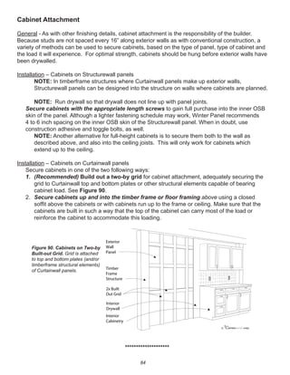 84
Cabinet Attachment
General - As with other ﬁnishing details, cabinet attachment is the responsibility of the builder.
Because studs are not spaced every 16” along exterior walls as with conventional construction, a
variety of methods can be used to secure cabinets, based on the type of panel, type of cabinet and
the load it will experience. For optimal strength, cabinets should be hung before exterior walls have
been drywalled.
Installation – Cabinets on Structurewall panels
NOTE: In timberframe structures where Curtainwall panels make up exterior walls,
Structurewall panels can be designed into the structure on walls where cabinets are planned.
NOTE: Run drywall so that drywall does not line up with panel joints.
Secure cabinets with the appropriate length screws to gain full purchase into the inner OSB
skin of the panel. Although a lighter fastening schedule may work, Winter Panel recommends
4 to 6 inch spacing on the inner OSB skin of the Structurewall panel. When in doubt, use
construction adhesive and toggle bolts, as well.
NOTE: Another alternative for full-height cabinets is to secure them both to the wall as
described above, and also into the ceiling joists. This will only work for cabinets which
extend up to the ceiling.
Installation – Cabinets on Curtainwall panels
Secure cabinets in one of the two following ways:
1. (Recommended) Build out a two-by grid for cabinet attachment, adequately securing the
grid to Curtainwall top and bottom plates or other structural elements capable of bearing
cabinet load. See Figure 90.
2. Secure cabinets up and into the timber frame or ﬂoor framing above using a closed
sofﬁt above the cabinets or with cabinets run up to the frame or ceiling. Make sure that the
cabinets are built in such a way that the top of the cabinet can carry most of the load or
reinforce the cabinet to accommodate this loading.
********************
winterpanel corp.c
Exterior
Wall
Panel
Timber
Frame
Structure
2x Built
Out Grid
Interior
Drywall
Interior
Cabinetry
Figure 90. Cabinets on Two-by
Built-out Grid. Grid is attached
to top and bottom plates (and/or
timberframe structural elements)
of Curtainwall panels.
 