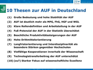 10 Thesen zur AUF in Deutschland
(1) Große Bedeutung und hohe Stabilität der AUF
(2) AUF ist deutlich mehr als MPG, FhG, HGF und WGL
(3) Klare Rollendefinition und Arbeitsteilung in der AUF
(4) FuE-Potenzial der AUF in der Statistik überschätzt
(5) Beachtliche Produktivitätssteigerungen der AUF
(6) Hohe Drittmittelorientierung
(7) Langfristorientierung und Interdisziplinarität als
    besondere Stärken gegenüber Hochschulen
(8) Vielfältige Kooperationen innerhalb der Wissenschaft
(9) Technologietransferbeitrag der AUF unterschätzt
(10) (zu?) Starker Fokus auf wissenschaftliche Exzellenz
 