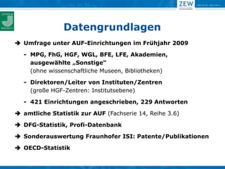 Datengrundlagen
 Umfrage unter AUF-Einrichtungen im Frühjahr 2009

  - MPG, FhG, HGF, WGL, BFE, LFE, Akademien,
    ausgewählte „Sonstige“
    (ohne wissenschaftliche Museen, Bibliotheken)

  - Direktoren/Leiter von Instituten/Zentren
    (große HGF-Zentren: Institutsebene)

  - 421 Einrichtungen angeschrieben, 229 Antworten

 amtliche Statistik zur AUF (Fachserie 14, Reihe 3.6)

 DFG-Statistik, Profi-Datenbank

 Sonderauswertung Fraunhofer ISI: Patente/Publikationen

 OECD-Statistik
 