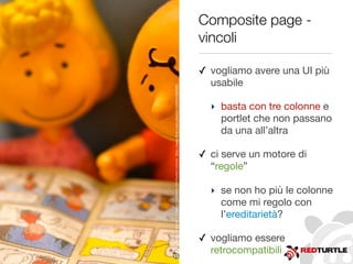Composite page -
vincoli
✓ vogliamo avere una UI più
usabile
‣ basta con tre colonne e
portlet che non passano
da una all’altra
✓ ci serve un motore di
“regole”
‣ se non ho più le colonne
come mi regolo con
l’ereditarietà?
✓ vogliamo essere
retrocompatibili
Photobykevindooley-CreativeCommonsAttributionLicensehttp://www.ﬂickr.com/photos/12836528@N00
 