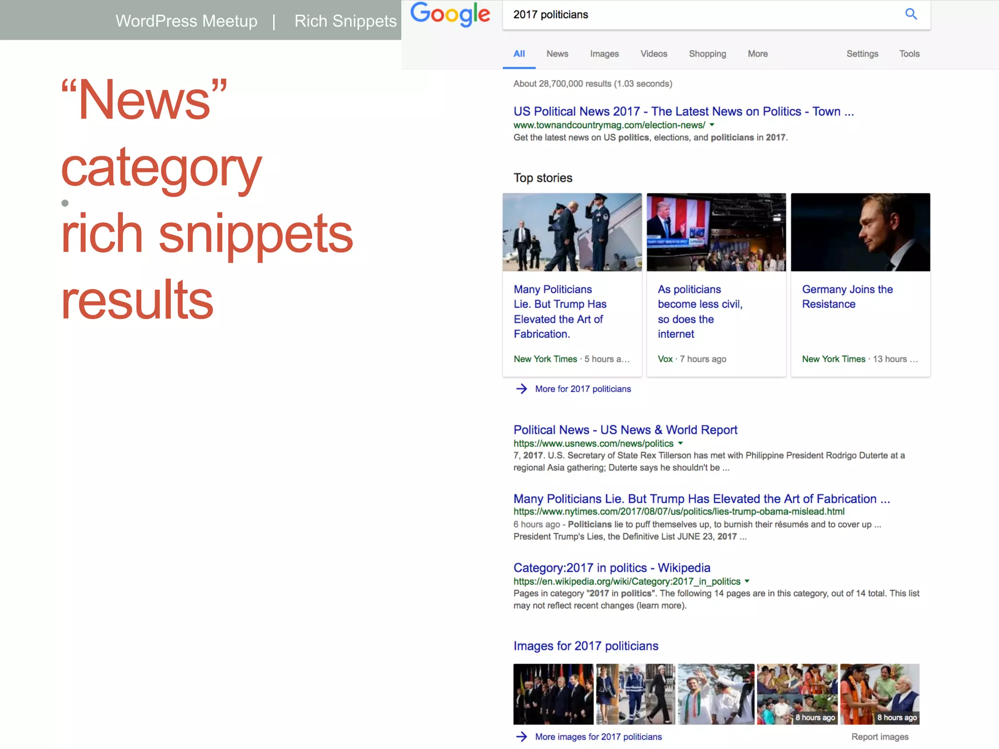 “News”
category
rich snippets
results
• 
WordPress Meetup | Rich Snippets & Schema | Jake Aull, ZenFires Digital Marketing 23
 