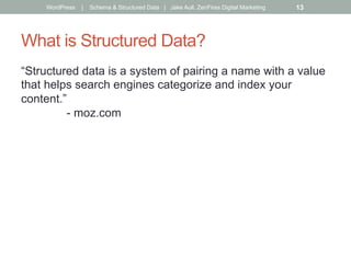 What is Structured Data?
“Structured data is a system of pairing a name with a value
that helps search engines categorize and index your
content.”
- moz.com
WordPress | Schema & Structured Data | Jake Aull, ZenFires Digital Marketing 13
 