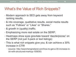 What’s the Value of Rich Snippets?
•  Modern approach to SEO gets away from keyword
ranking results,
•  & into coverage, qualitative results, social media results
such as “Follows” or “Likes” or “Shares.”
•  & growth in (quality) traffic.
•  Emphasizing more real estate on the SERP;
•  Heatmaps show eyes gravitate toward ‘dazzle/pizzaz’ on
the SERP (not just 3-pack or text listings)
•  This is what rich snippets give you; & can achieve a 30%
increase in CTR!
•  (source: http://searchengineland.com/how-to-get-a-30-increase-in-
ctr-with-structured-markup-105830)
WordPress | Schema & Structured Data | Jake Aull, ZenFires Digital Marketing 16
 